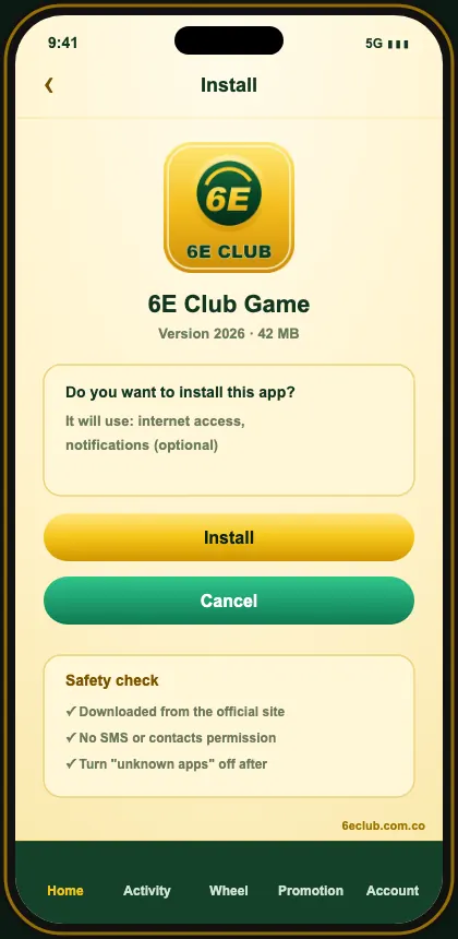 6E Club APK install screen
