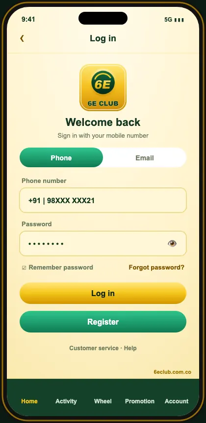 6E Club login screen